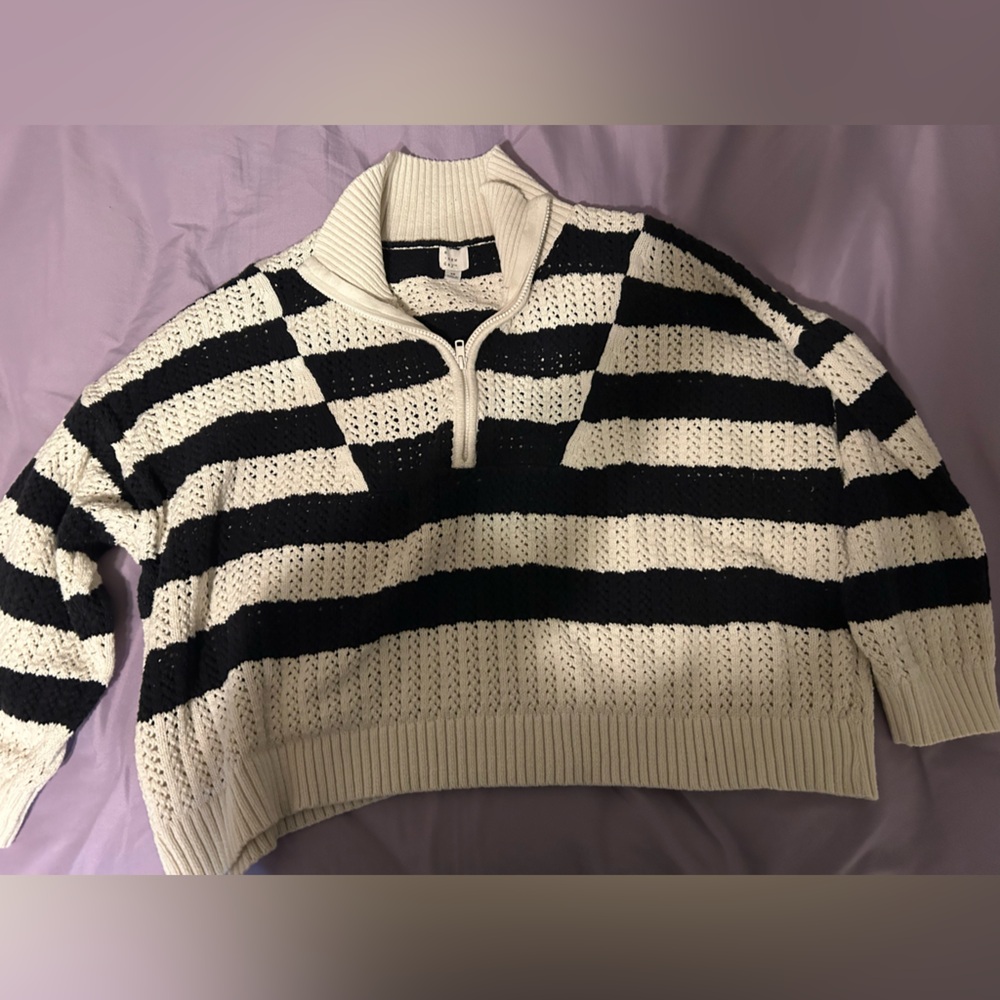 a new day Black and Cream Striped Quarter Zip Mock Turtleneck Sweater 3X